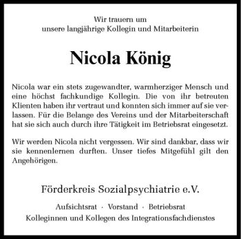 Anzeige von Nicola König von Westfälische Nachrichten