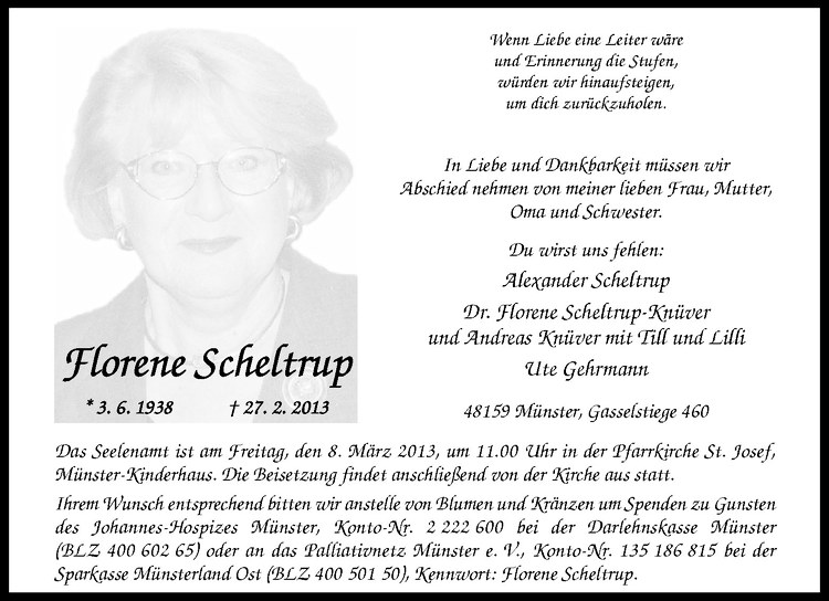  Traueranzeige für Florene Scheltrup vom 05.03.2013 aus Westfälische Nachrichten