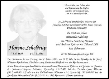 Anzeige von Florene Scheltrup von Westfälische Nachrichten