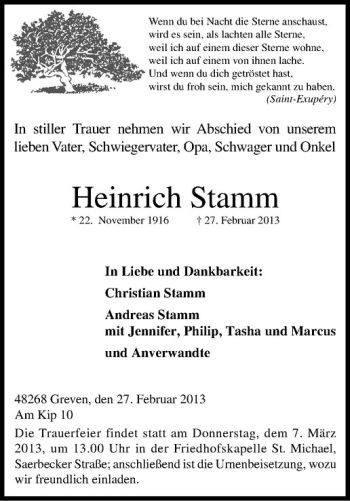 Anzeige von Heinrich Stamm von Westfälische Nachrichten