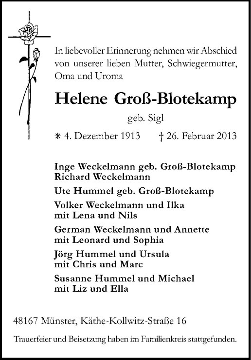  Traueranzeige für Helene Groß-Blotekamp vom 05.03.2013 aus Westfälische Nachrichten