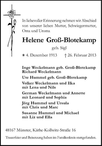 Anzeige von Helene Groß-Blotekamp von Westfälische Nachrichten