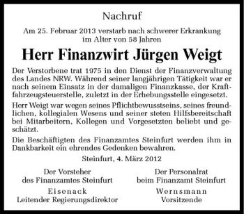 Anzeige von Jürgen Weigt von Westfälische Nachrichten
