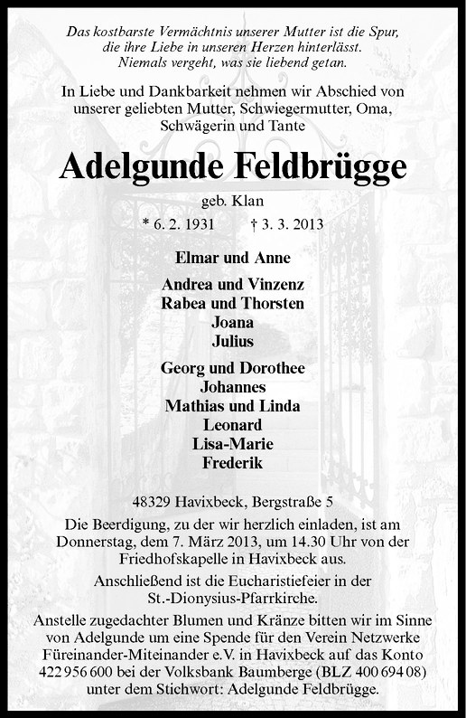  Traueranzeige für Adelgunde Feldbrügge vom 05.03.2013 aus Westfälische Nachrichten