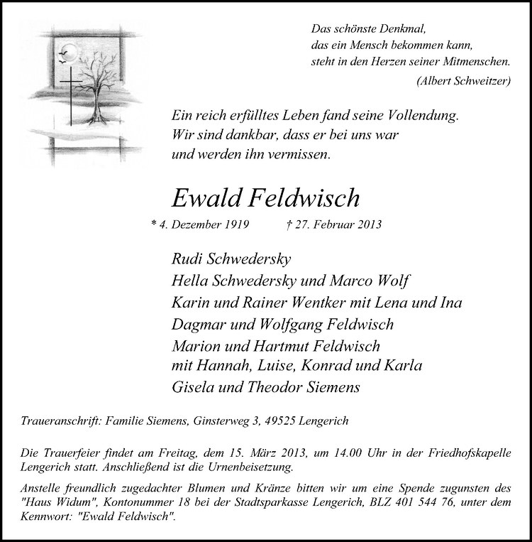  Traueranzeige für Ewald Feldwisch vom 13.03.2013 aus Westfälische Nachrichten