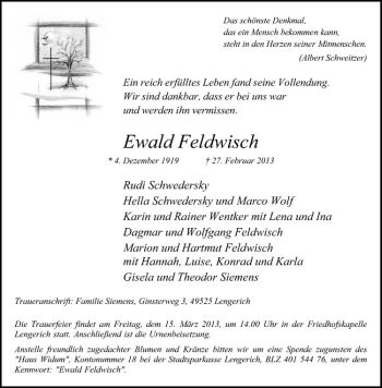 Anzeige von Ewald Feldwisch von Westfälische Nachrichten