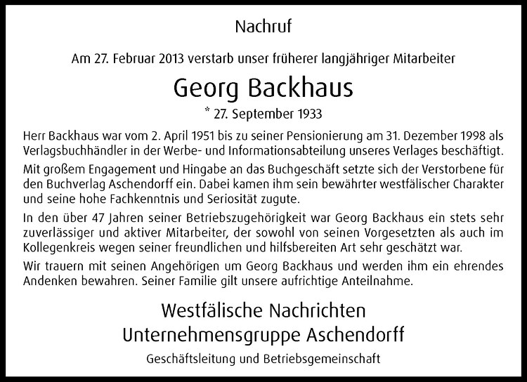  Traueranzeige für Georg Backhaus vom 06.03.2013 aus Westfälische Nachrichten