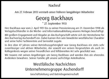 Anzeige von Georg Backhaus von Westfälische Nachrichten