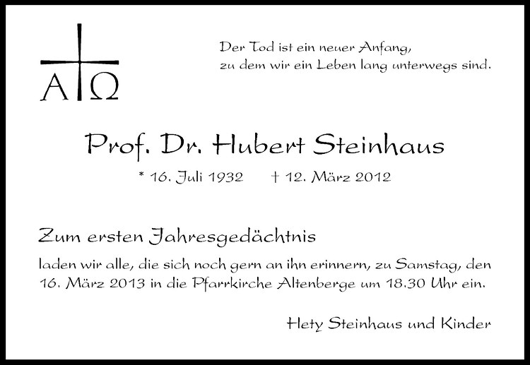  Traueranzeige für Hubert Steinhaus vom 09.03.2013 aus Westfälische Nachrichten