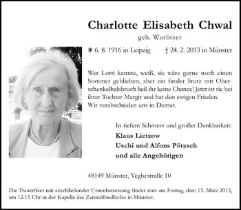 Anzeige von Charlotte Elisabeth Chawal von Westfälische Nachrichten