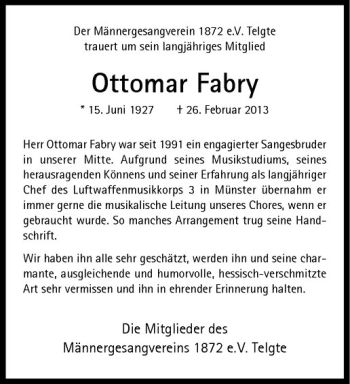 Anzeige von Ottomar Fabry von Westfälische Nachrichten