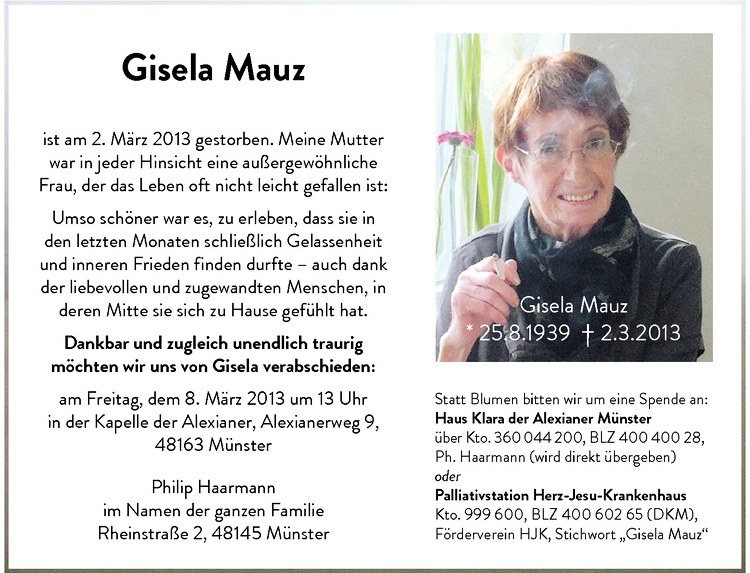  Traueranzeige für Gisela Mauz vom 07.03.2013 aus Westfälische Nachrichten
