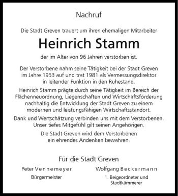 Anzeige von Heinrich Stamm von Westfälische Nachrichten