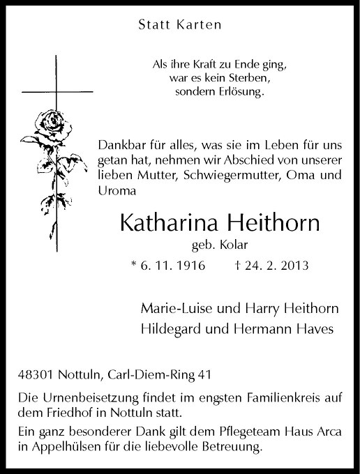  Traueranzeige für Katharina Heithorn vom 09.03.2013 aus Westfälische Nachrichten
