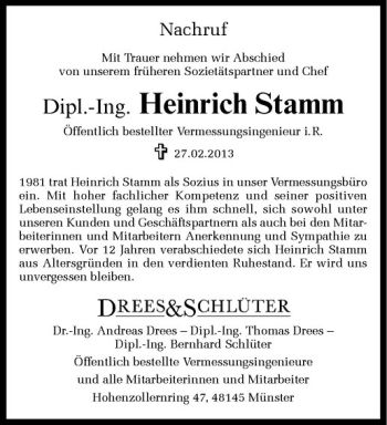 Anzeige von Heinrich Stamm von Westfälische Nachrichten