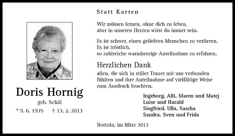  Traueranzeige für Doris Hornig vom 23.03.2013 aus Westfälische Nachrichten