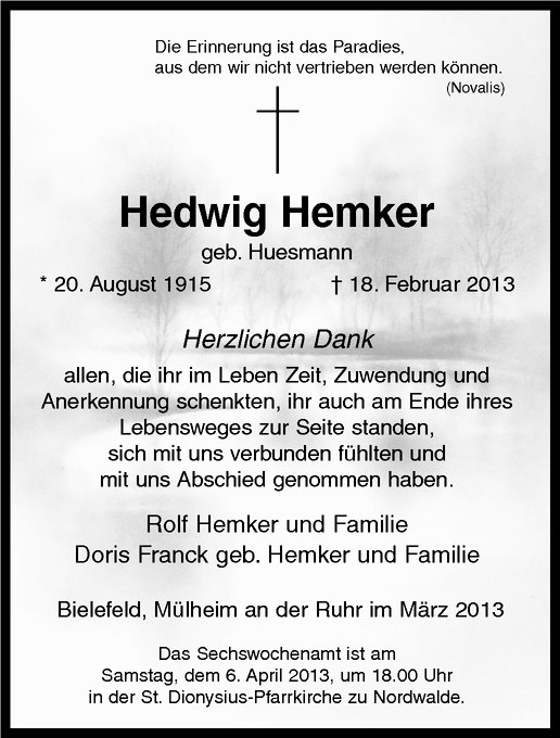  Traueranzeige für Hedwig Hemker vom 29.03.2013 aus Westfälische Nachrichten