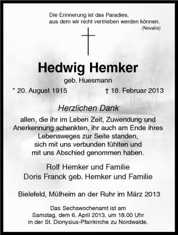 Anzeige von Hedwig Hemker von Westfälische Nachrichten