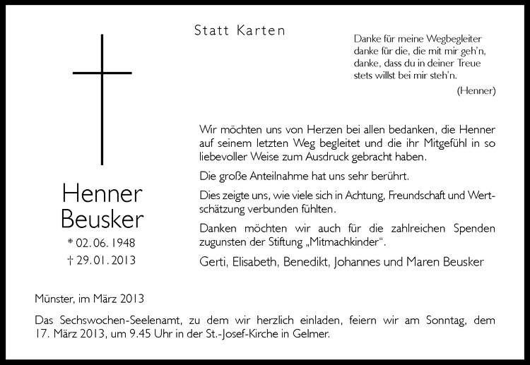  Traueranzeige für Henner Beusker vom 09.03.2013 aus Westfälische Nachrichten