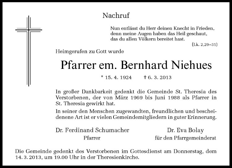  Traueranzeige für Bernhard Niehues vom 12.03.2013 aus Westfälische Nachrichten