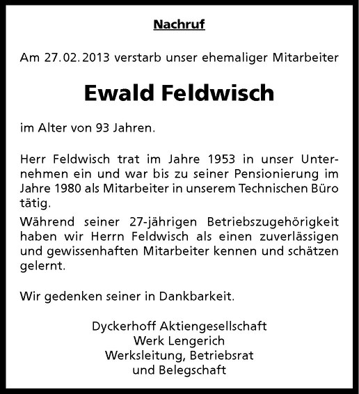  Traueranzeige für Ewald Feldwisch vom 16.03.2013 aus Westfälische Nachrichten