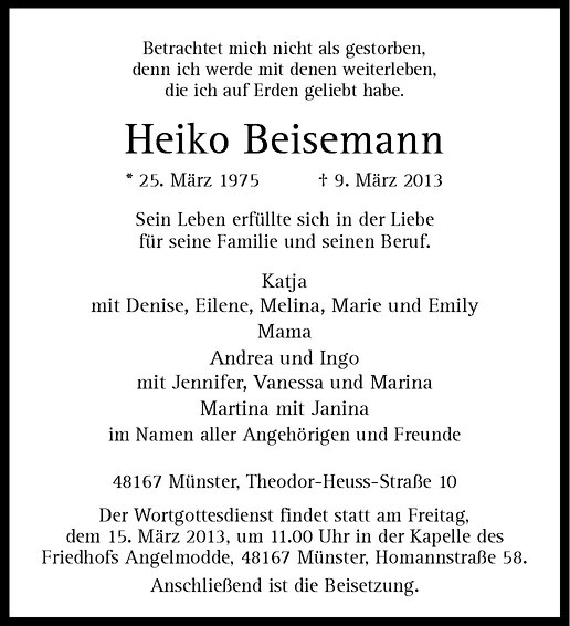  Traueranzeige für Heiko Beisemann vom 14.03.2013 aus Westfälische Nachrichten