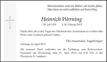 Anzeige von Heinrich Werning von Westfälische Nachrichten