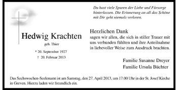 Anzeige von Hedwig Krachten von Westfälische Nachrichten