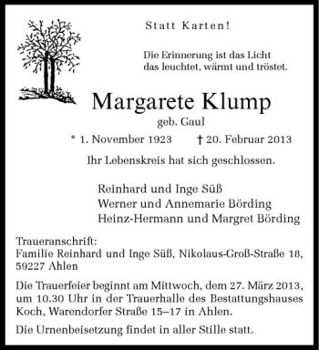 Anzeige von Margarete Klump von Westfälische Nachrichten