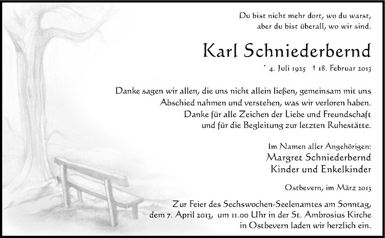  Traueranzeige für Karl Schniederbernd vom 29.03.2013 aus Westfälische Nachrichten