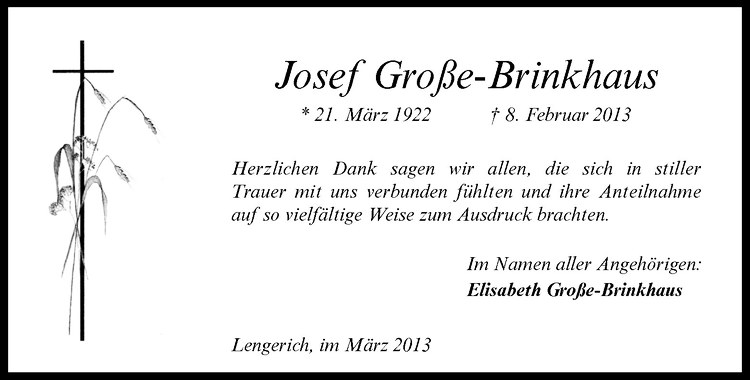 Traueranzeige für Josef Große-Brinkhaus vom 16.03.2013 aus Westfälische Nachrichten