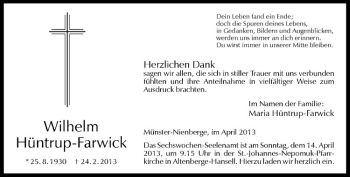 Anzeige von Wilhelm Hüntrup-Farwick von Westfälische Nachrichten