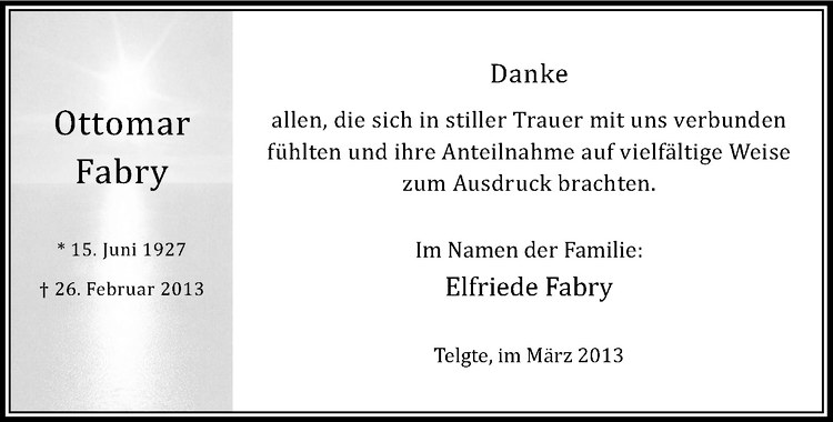  Traueranzeige für Fabry Ottomar vom 20.03.2013 aus Westfälische Nachrichten