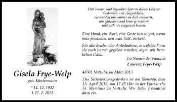 Anzeige von Gisela Frye-Welp von Westfälische Nachrichten