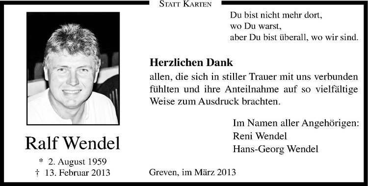  Traueranzeige für Ralf Wendel vom 23.03.2013 aus Westfälische Nachrichten