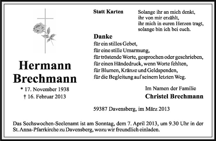  Traueranzeige für Hermann Brechmann vom 29.03.2013 aus Westfälische Nachrichten