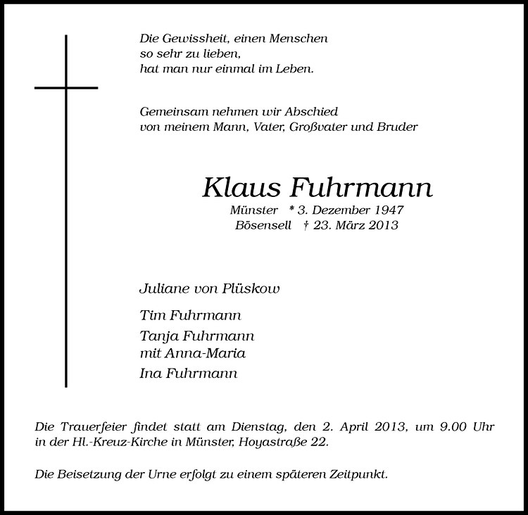  Traueranzeige für Klaus Fuhrmann vom 27.03.2013 aus Westfälische Nachrichten