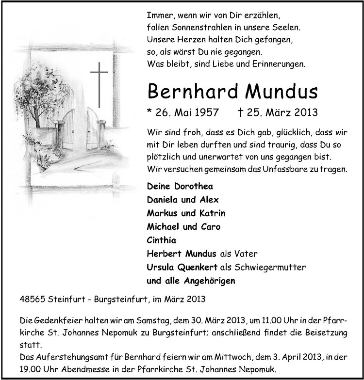  Traueranzeige für Bernhard Mundus vom 27.03.2013 aus Westfälische Nachrichten