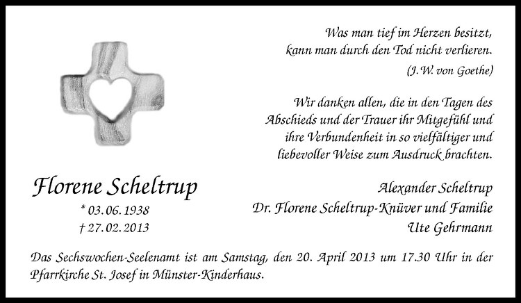  Traueranzeige für Florene Scheltrup vom 13.04.2013 aus Westfälische Nachrichten