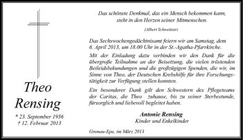 Anzeige von Theo Rensing von Westfälische Nachrichten