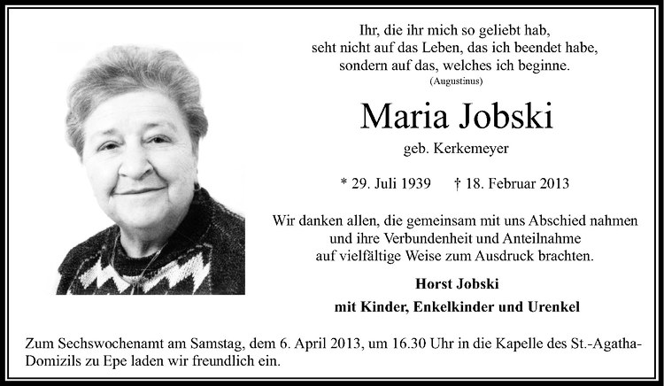  Traueranzeige für Maria Jobski vom 03.04.2013 aus Westfälische Nachrichten