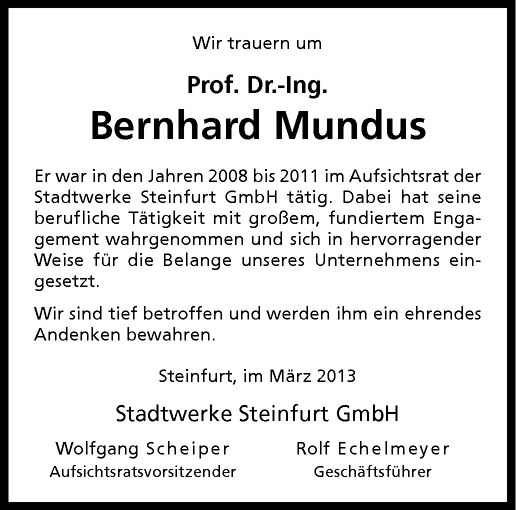  Traueranzeige für Bernhard Mundus vom 29.03.2013 aus Westfälische Nachrichten
