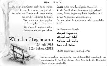 Anzeige von Wilhelm Stegemann von Westfälische Nachrichten