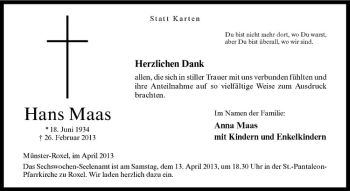Anzeige von Hans Maas von Westfälische Nachrichten