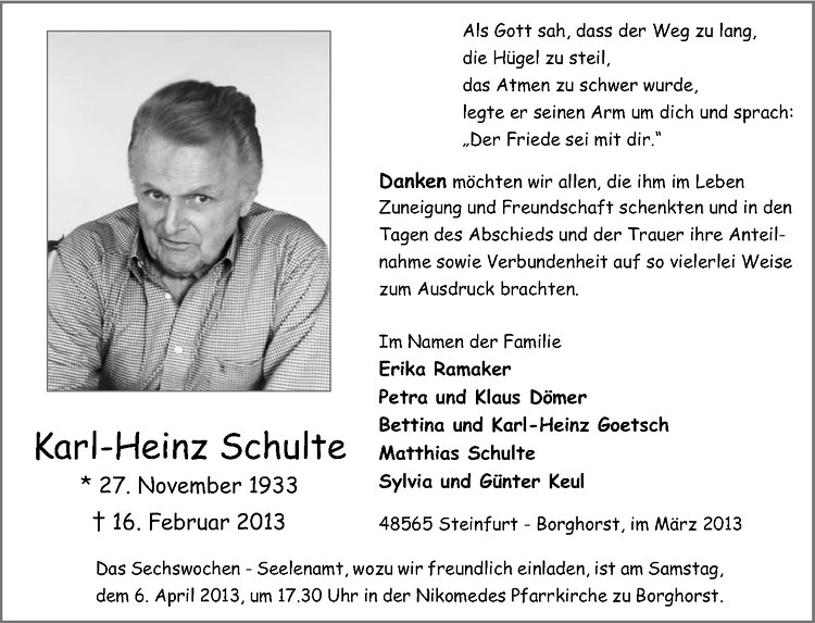  Traueranzeige für Karl-Heinz Schulte vom 03.04.2013 aus Westfälische Nachrichten