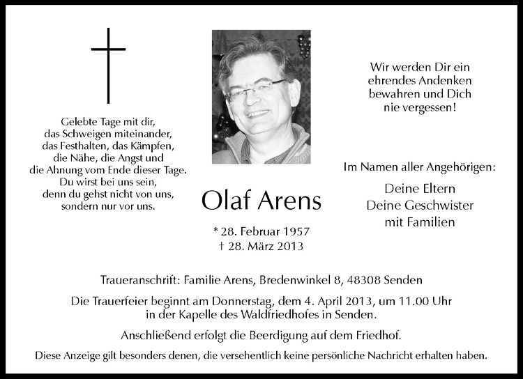  Traueranzeige für Olaf Arens vom 02.04.2013 aus Westfälische Nachrichten