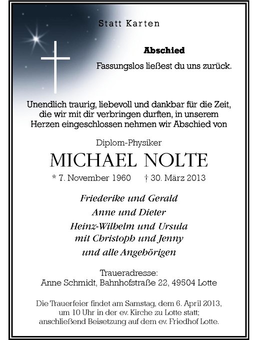  Traueranzeige für Michael Nolte vom 03.04.2013 aus Westfälische Nachrichten