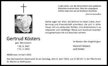 Anzeige von Getrud Kösters von Westfälische Nachrichten