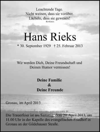 Anzeige von Hans Rieks von Westfälische Nachrichten
