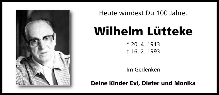  Traueranzeige für Wilhelm Lütteke vom 20.04.2013 aus Westfälische Nachrichten